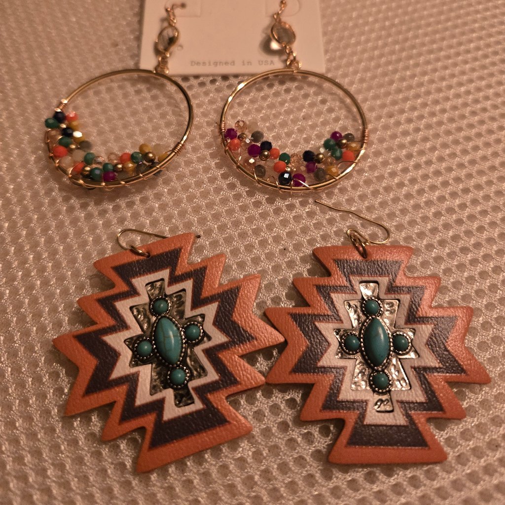2 Cute Pairs Of Multi-Color Bead Earrings.